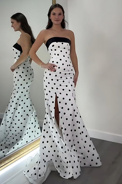 Black and White Polka Dots Strapless Mermaid Long Prom Dress with Slit