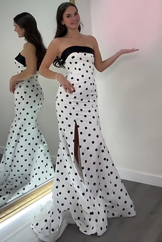 Black and White Polka Dots Strapless Mermaid Long Prom Dress with Slit