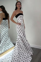 Load image into Gallery viewer, Black and White Polka Dots Strapless Mermaid Long Prom Dress with Slit