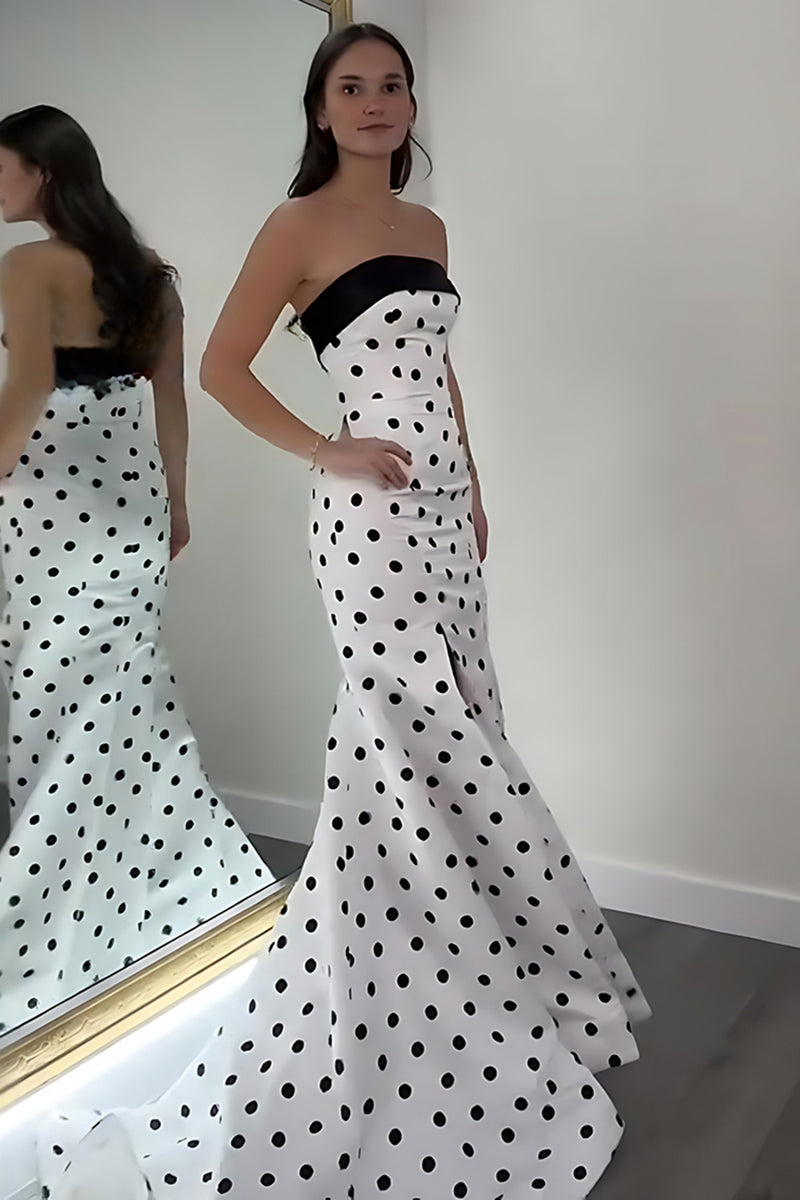 Load image into Gallery viewer, Black and White Polka Dots Strapless Mermaid Long Prom Dress with Slit