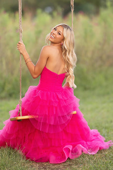 Fuchsia Tulle Strapless Tiered Ball Gown Long Prom Dress with Keyhole