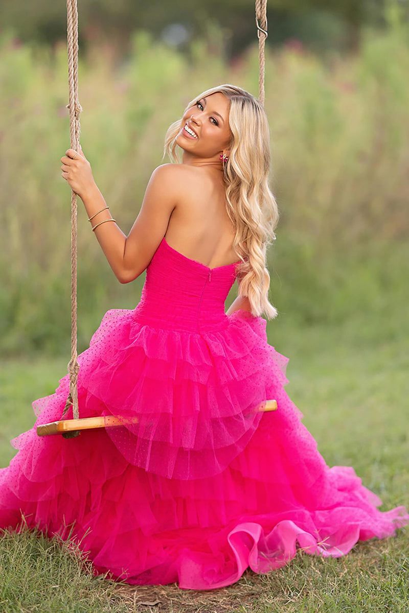 Load image into Gallery viewer, Fuchsia Tulle Strapless Tiered Ball Gown Long Prom Dress with Keyhole