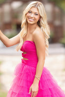 Load image into Gallery viewer, Fuchsia Tulle Strapless Tiered Ball Gown Long Prom Dress with Keyhole