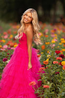 Load image into Gallery viewer, Fuchsia Tulle Strapless Tiered Ball Gown Long Prom Dress with Keyhole