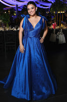 Load image into Gallery viewer, Sparkly Royal Blue V Neck A Line Long Prom Dress with Beading
