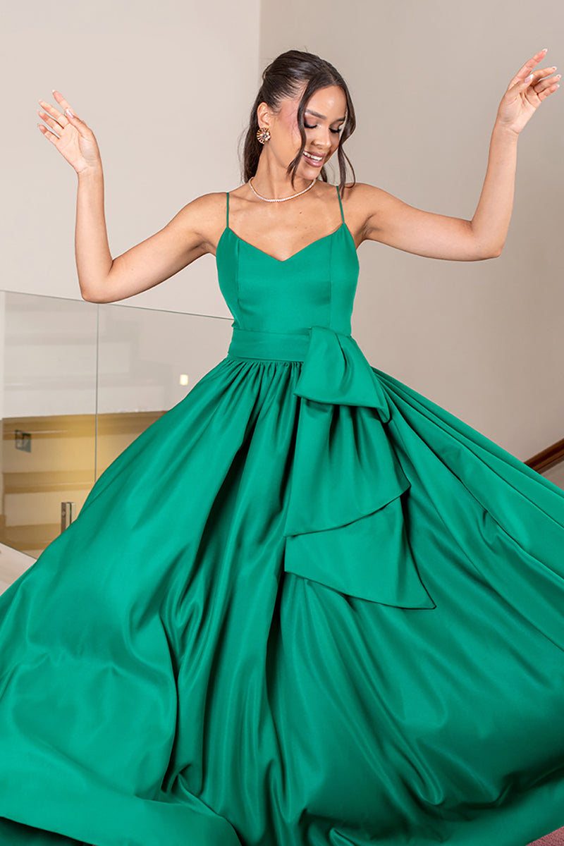 Load image into Gallery viewer, Green Spaghetti Straps Ball Gown Long Prom Dress with Sash