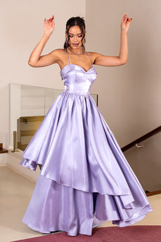 Lilac Spaghetti Straps Tiered A Line Long Prom Dress