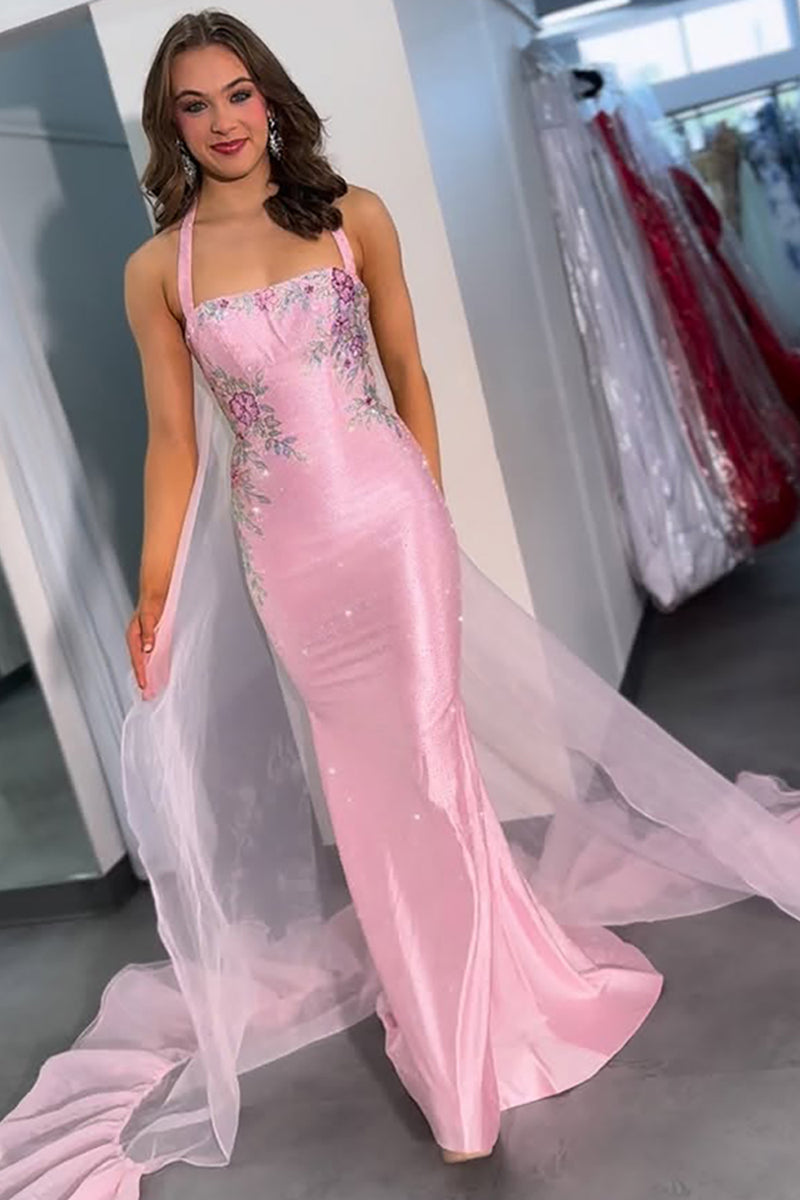 Load image into Gallery viewer, Sparkly Pink Floral Sequin Mermaid Long Prom Dress with Cape