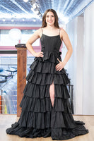 Load image into Gallery viewer, Pink Spaghetti Straps Ruffled Long Corset Prom Dress with Slit