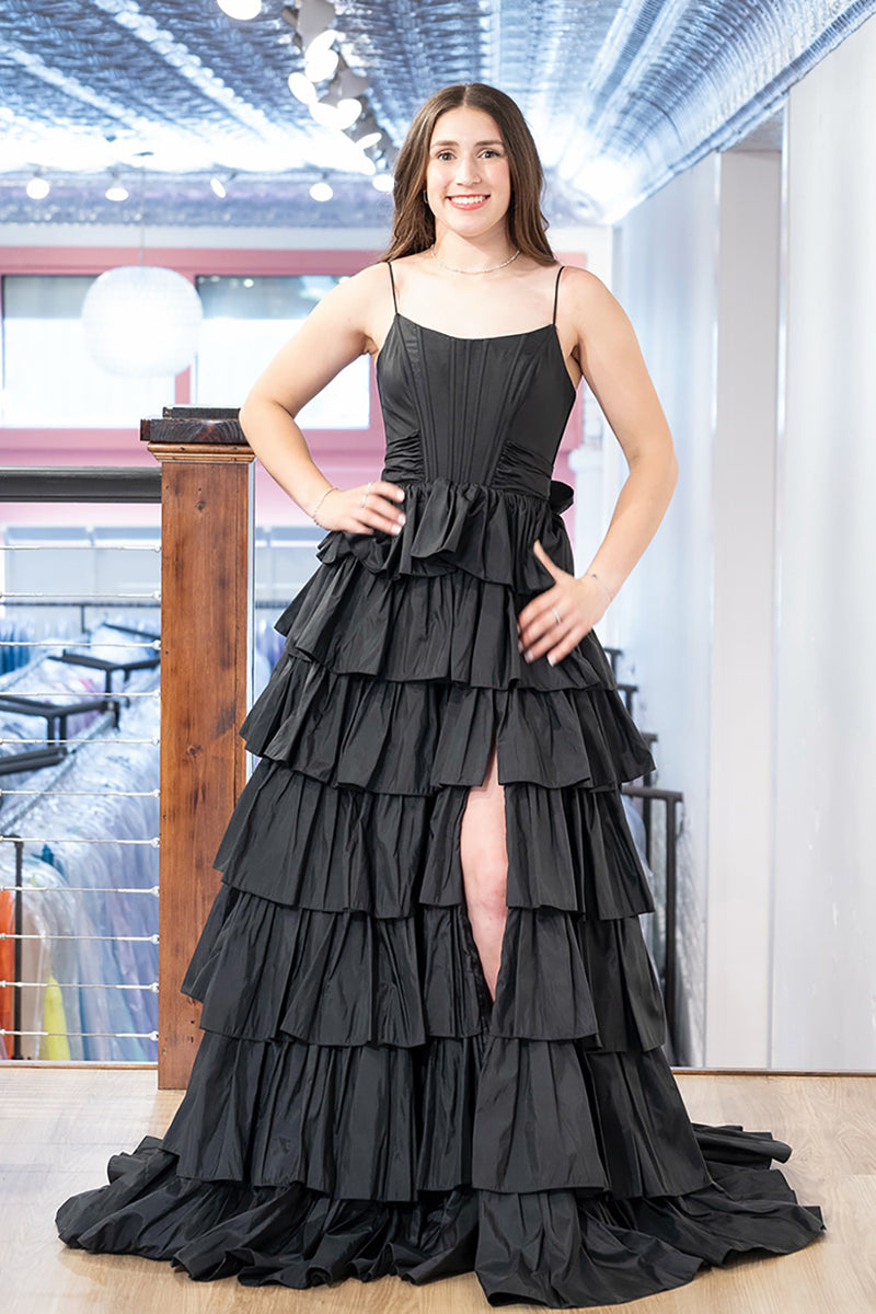 Load image into Gallery viewer, Pink Spaghetti Straps Ruffled Long Corset Prom Dress with Slit