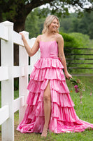Load image into Gallery viewer, Pink Spaghetti Straps Ruffled Long Corset Prom Dress with Slit