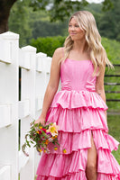 Load image into Gallery viewer, Pink Spaghetti Straps Ruffled Long Corset Prom Dress with Slit