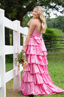 Load image into Gallery viewer, Pink Spaghetti Straps Ruffled Long Corset Prom Dress with Slit