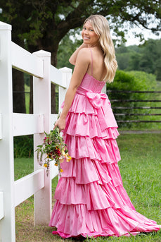 Pink Spaghetti Straps Ruffled Long Corset Prom Dress with Slit