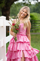 Load image into Gallery viewer, Pink Spaghetti Straps Ruffled Long Corset Prom Dress with Slit