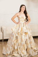 Load image into Gallery viewer, Sparkly Gold Appliqued Tiered Ball Gown Long Prom Dress with Bow