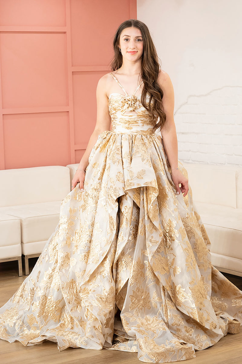 Load image into Gallery viewer, Sparkly Gold Appliqued Tiered Ball Gown Long Prom Dress with Bow