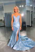 Load image into Gallery viewer, Sparkly Sky Blue Mermaid Sweetheart Long Corset Prom Dress with Keyhole