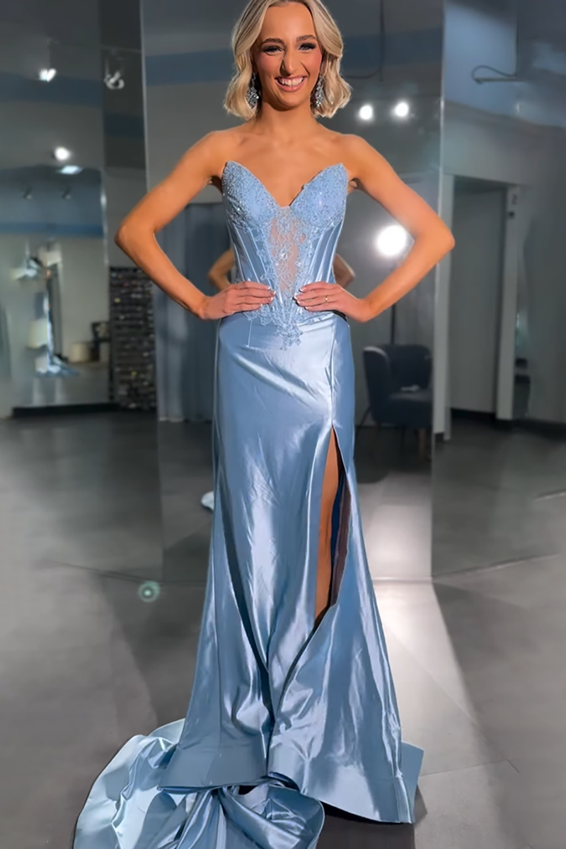 Load image into Gallery viewer, Sparkly Sky Blue Mermaid Sweetheart Long Corset Prom Dress with Keyhole