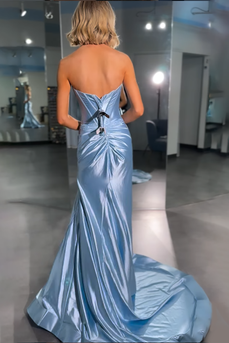 Sparkly Sky Blue Mermaid Sweetheart Long Corset Prom Dress with Keyhole