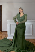 Load image into Gallery viewer, Sparkly Sage Mermaid Beaded Long Mother of the Bride Dress with Side Cape
