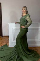 Load image into Gallery viewer, Sparkly Sage Mermaid Beaded Long Mother of the Bride Dress with Side Cape