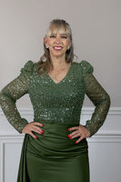 Load image into Gallery viewer, Sparkly Sage Mermaid Beaded Long Mother of the Bride Dress with Side Cape