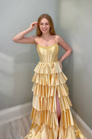 Load image into Gallery viewer, Sparkly Yellow Strapless Ruffled Long Corset Prom Dress with Slit