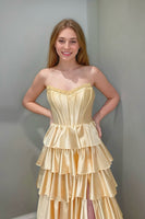 Load image into Gallery viewer, Sparkly Yellow Strapless Ruffled Long Corset Prom Dress with Slit