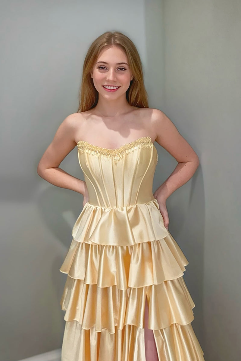 Load image into Gallery viewer, Sparkly Yellow Strapless Ruffled Long Corset Prom Dress with Slit