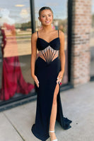 Load image into Gallery viewer, Sparkly Black Spaghetti Straps Sheath Long Corset Prom Dress with Slit