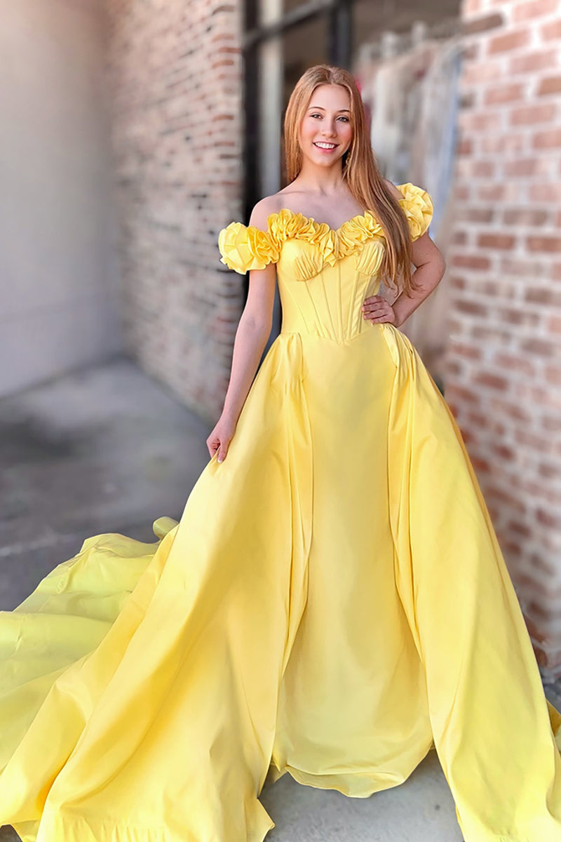 Load image into Gallery viewer, Yellow Off the Shoulder A Line Long Corset Prom Dress