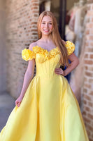 Load image into Gallery viewer, Yellow Off the Shoulder A Line Long Corset Prom Dress