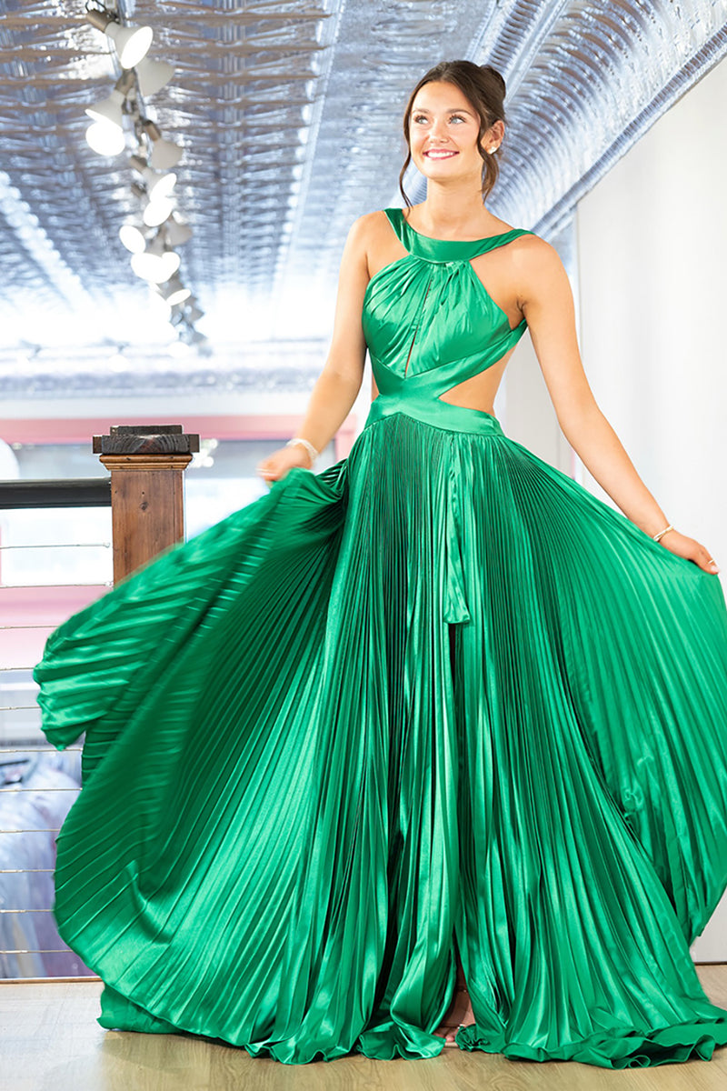 Load image into Gallery viewer, Sparkly Green Metallic Pleated Cut Out Long Prom Dress with Slit
