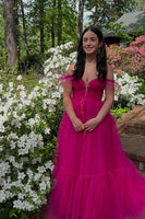 Load image into Gallery viewer, Fuchsia Tulle Off the Shoulder A Line Long Prom Dress