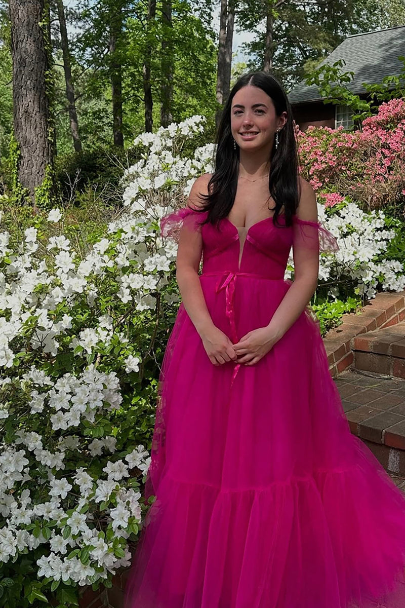 Load image into Gallery viewer, Fuchsia Tulle Off the Shoulder A Line Long Prom Dress