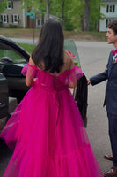 Load image into Gallery viewer, Fuchsia Tulle Off the Shoulder A Line Long Prom Dress