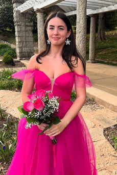 Fuchsia Tulle Off the Shoulder A Line Long Prom Dress