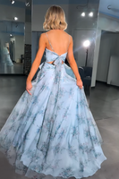 Load image into Gallery viewer, Blue Spaghetti Straps A Line Keyhole Long Prom Dress with Bows