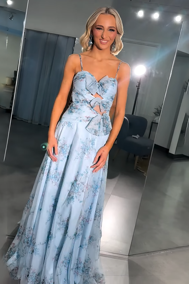 Load image into Gallery viewer, Blue Spaghetti Straps A Line Keyhole Long Prom Dress with Bows