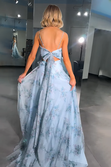Blue Spaghetti Straps A Line Keyhole Long Prom Dress with Bows
