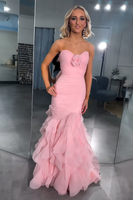 Load image into Gallery viewer, Pink Sweetheart Ruffled Mermaid Long Prom Dress with 3D Flower