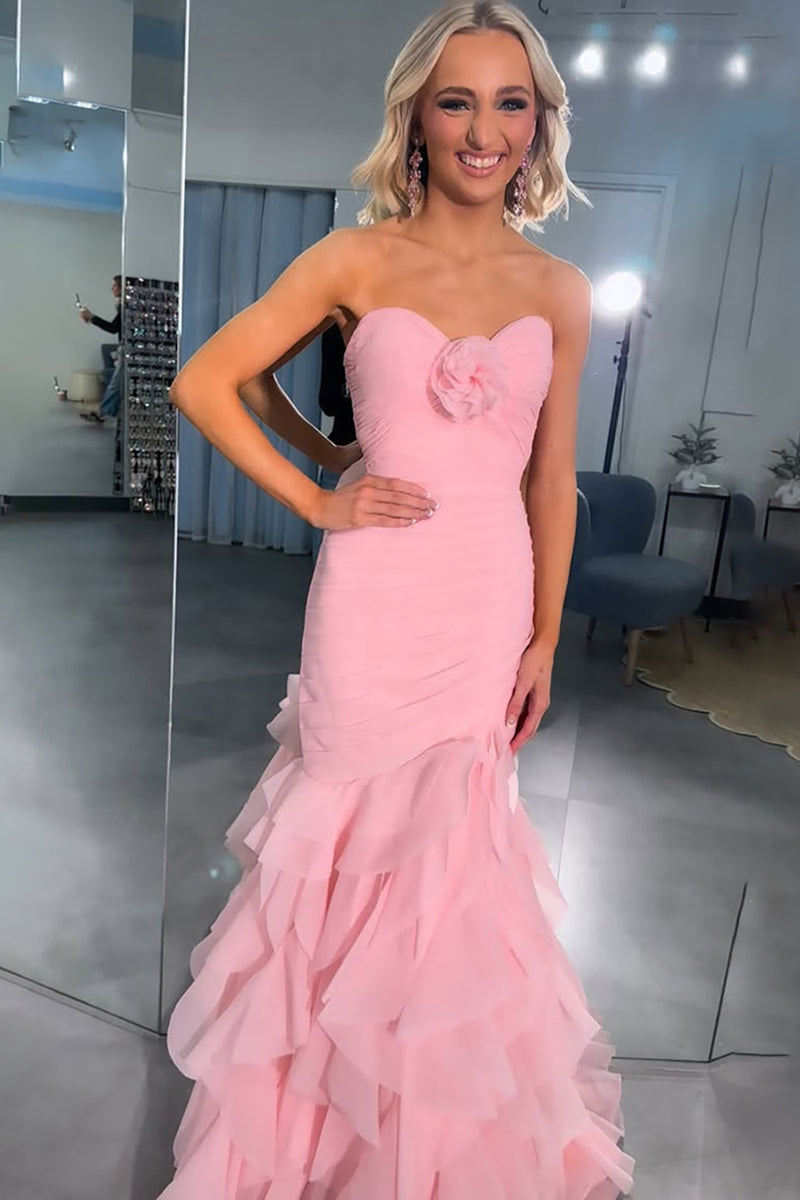Load image into Gallery viewer, Pink Sweetheart Ruffled Mermaid Long Prom Dress with 3D Flower