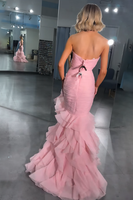 Load image into Gallery viewer, Pink Sweetheart Ruffled Mermaid Long Prom Dress with 3D Flower