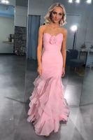 Load image into Gallery viewer, Pink Sweetheart Ruffled Mermaid Long Prom Dress with 3D Flower