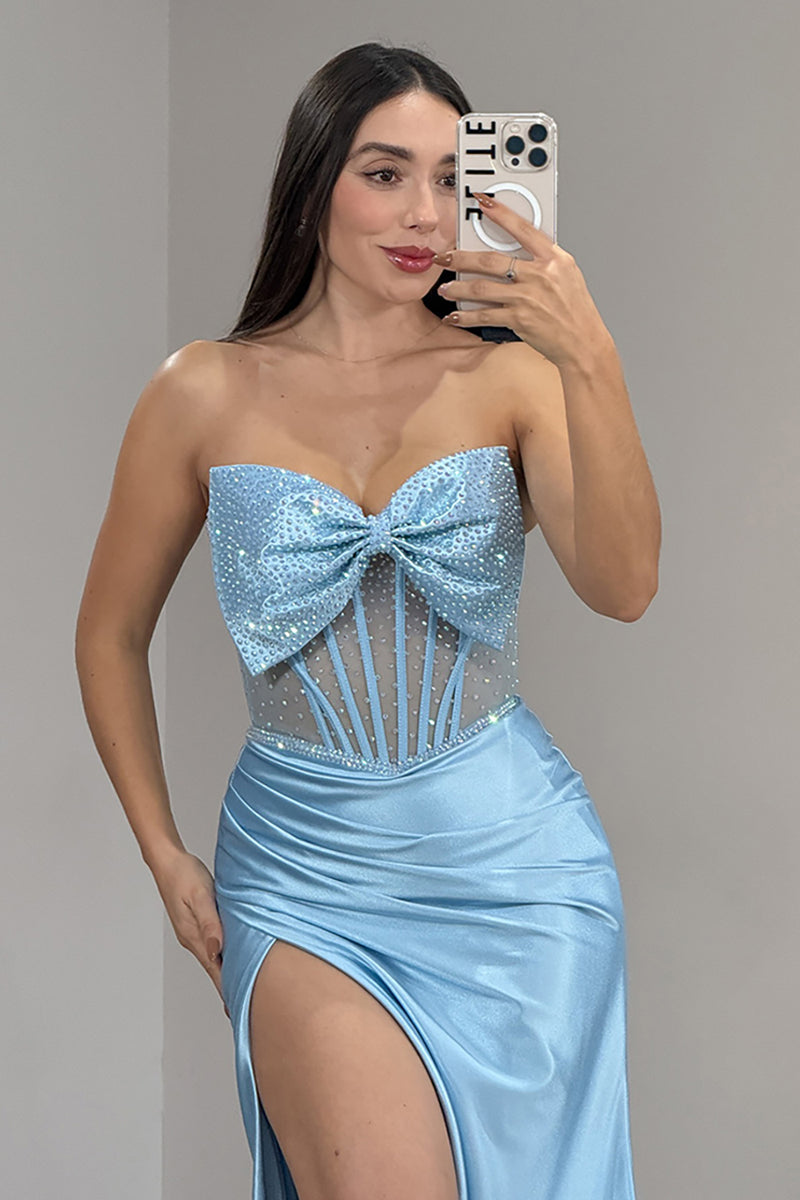 Load image into Gallery viewer, Sparkly Light Blue Strapless Mermaid Long Corset Prom Dress with Bow