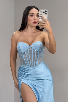 Sparkly Light Blue Strapless Mermaid Long Corset Prom Dress with Bow