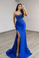 Load image into Gallery viewer, Sparkly Royal Blue Strapless Mermaid Long Corset Prom Dress with Slit