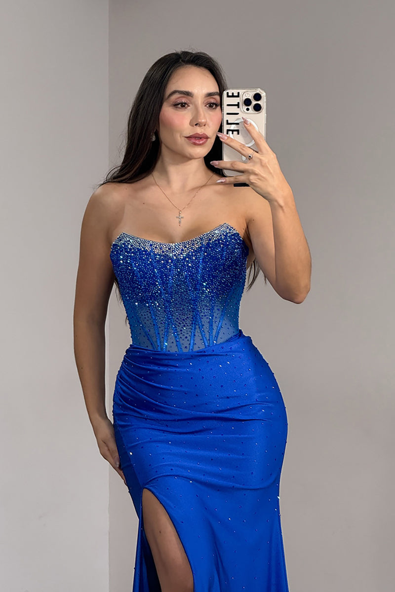 Load image into Gallery viewer, Sparkly Royal Blue Strapless Mermaid Long Corset Prom Dress with Slit