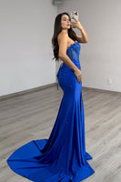 Load image into Gallery viewer, Sparkly Royal Blue Strapless Mermaid Long Corset Prom Dress with Slit